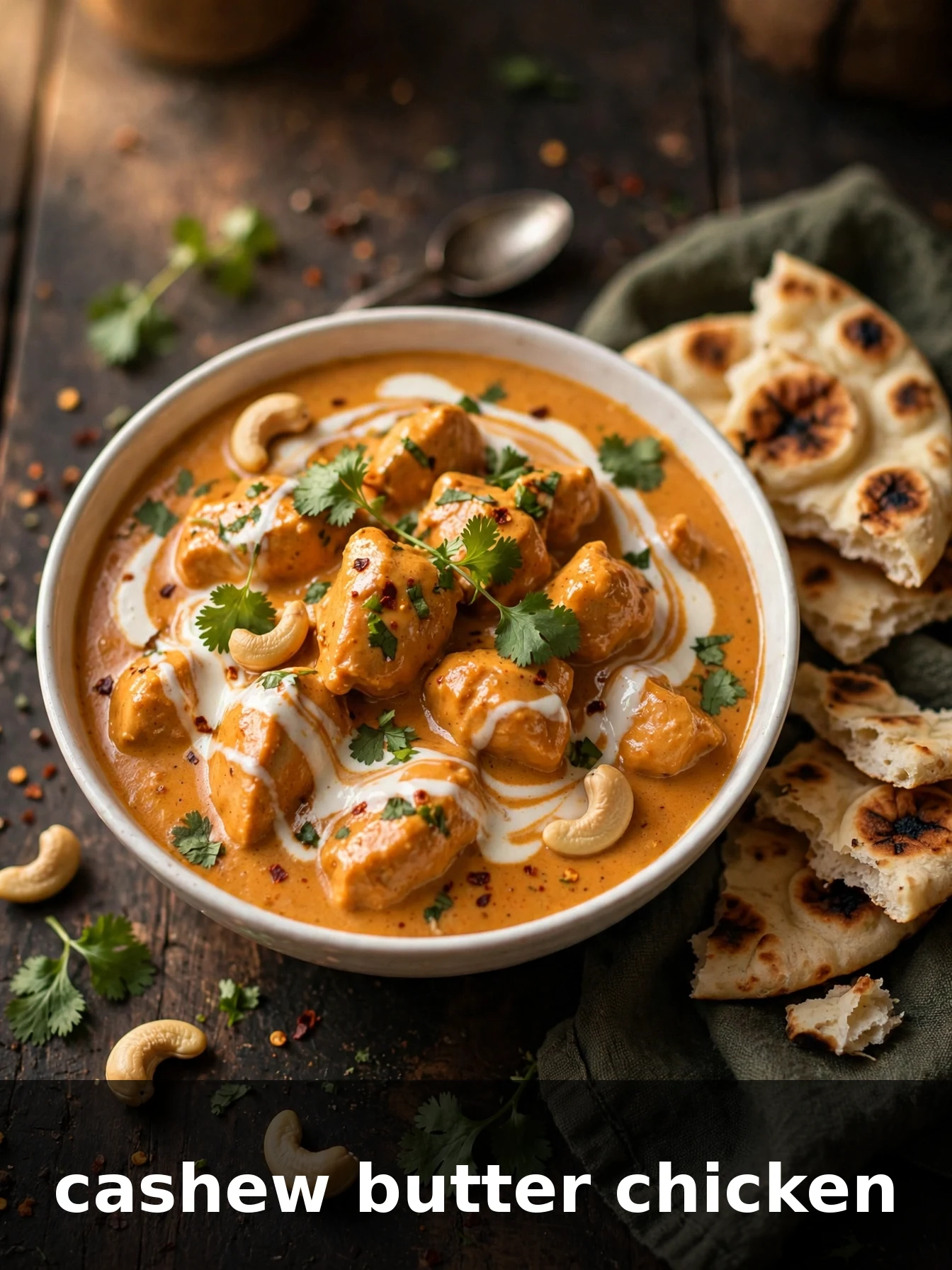 cashew butter chicken in a white bowl with creamy dairy-free sauce and fresh cilantro