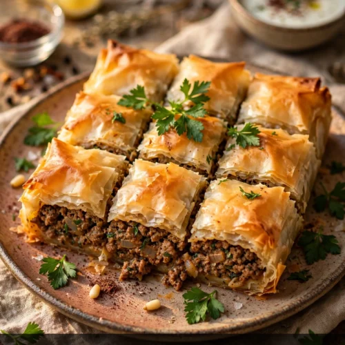 middle eastern meat pie recipe - golden phyllo pie sliced showing spiced beef filling