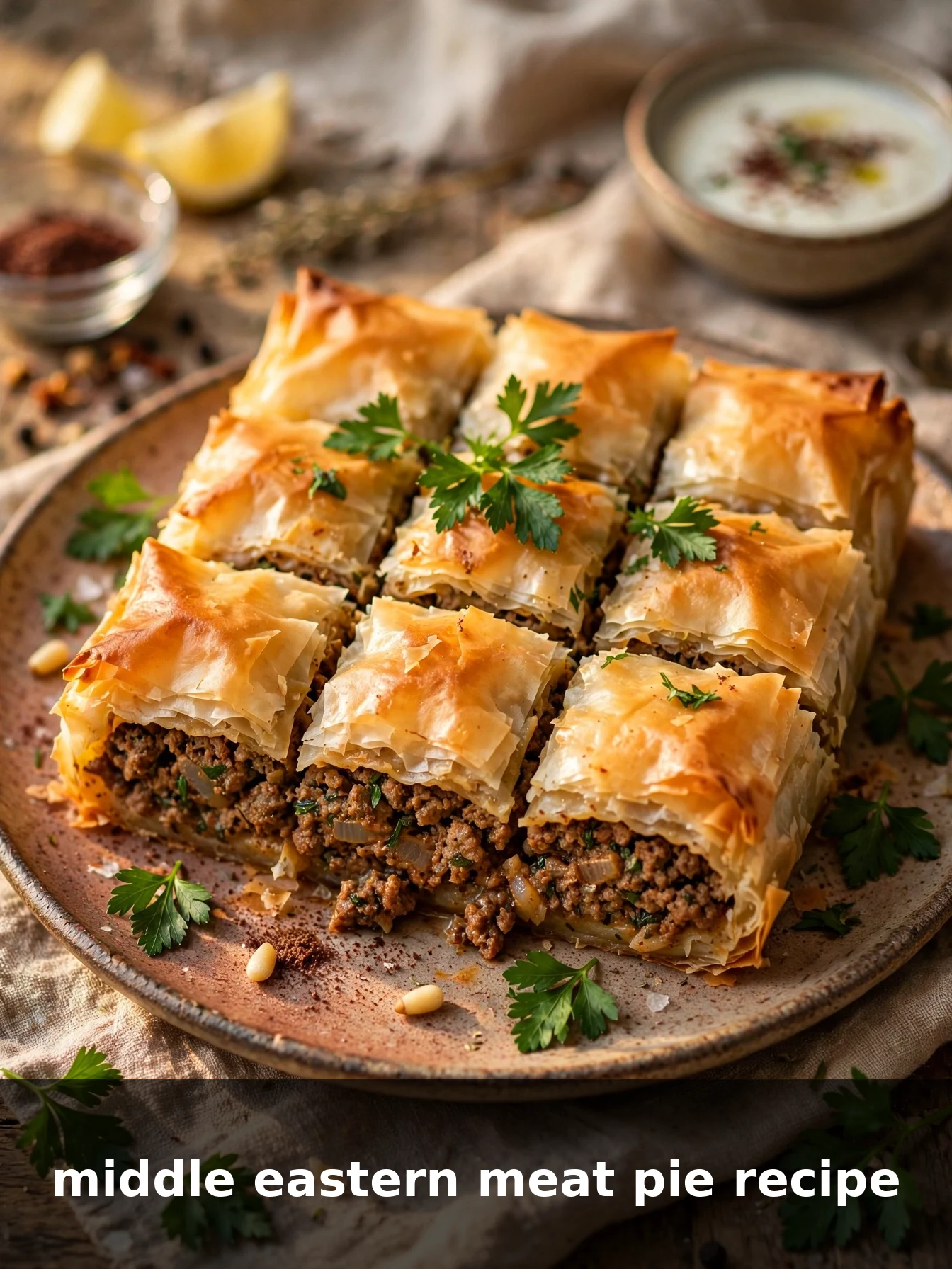 middle eastern meat pie recipe - golden phyllo pie sliced showing spiced beef filling
