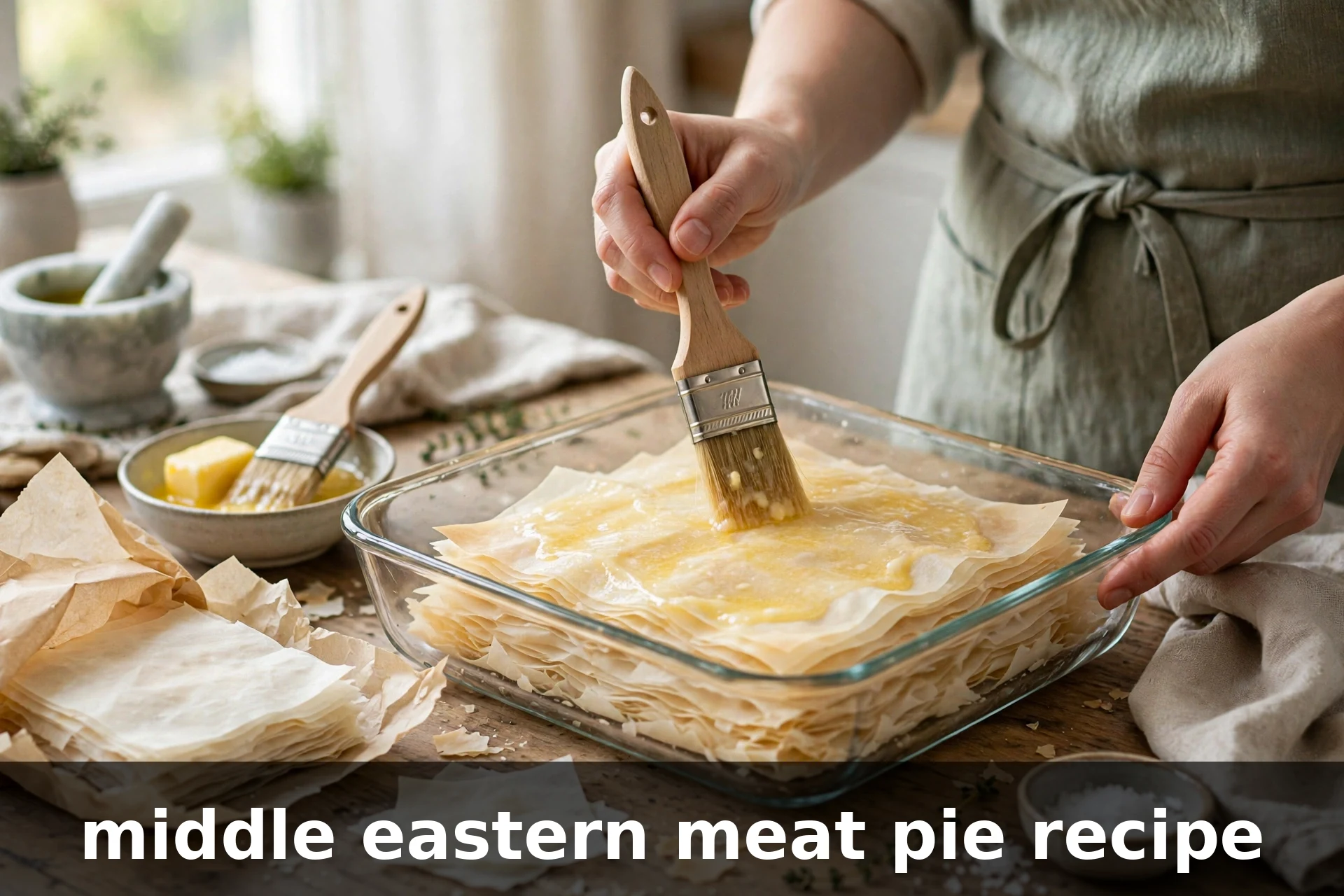 layering phyllo pastry sheets with melted butter for arab meat pie