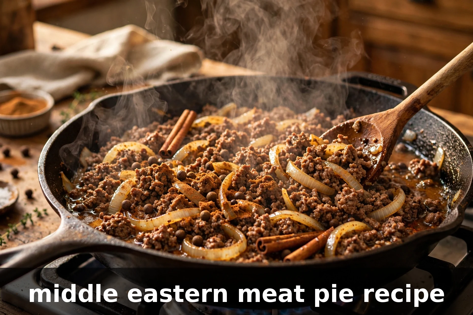 spiced ground beef filling with allspice and cinnamon cooking in a skillet